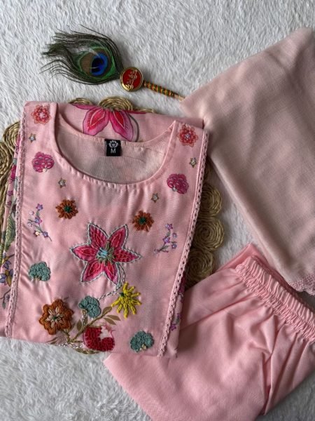 Pearl Pink Linen Cotton Straight Cut Kurti Pant Dupatta Set With Hand Work For Reseller Cotton Kurtis Wholesale