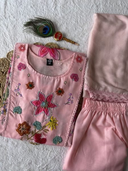 Pearl Pink Linen Cotton Straight Cut Kurti Pant Dupatta Set With Hand Work For Reseller Cotton Kurtis Wholesale