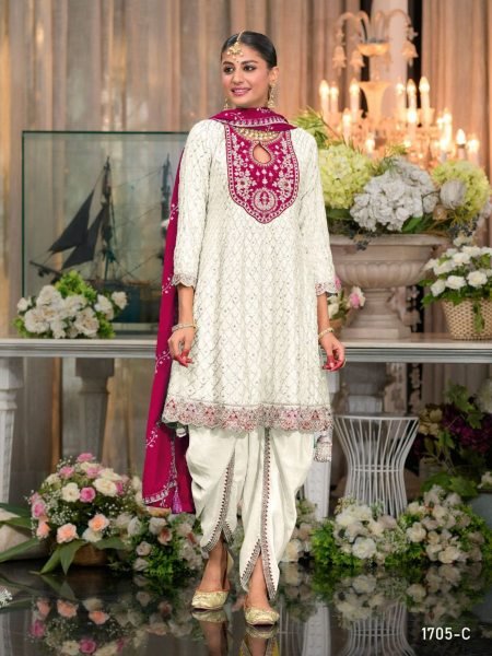 Dhoti Style Elegance Pearl White Chinon Suit with Patiala Look for Festive Events