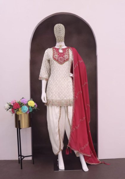 Dhoti Style Elegance Pearl White Chinon Suit with Patiala Look for Festive Events Designer Plazzo Salwar Suits Wholesale