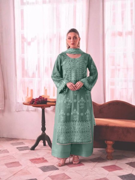 Pearlescent Bottle Green Fully Stitched Georgette Embroidery Kurti Plazzo Set With Dupatta at Reseller Rate Kurtis