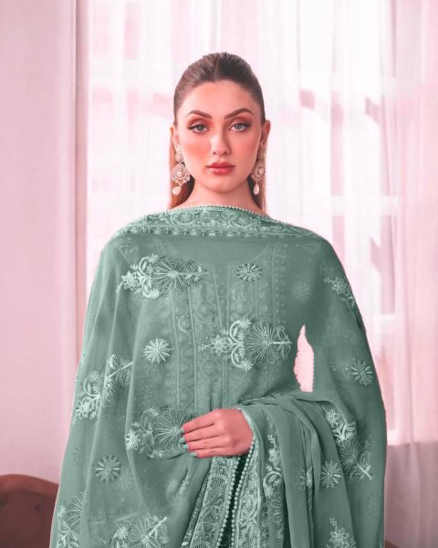 Pearlescent Bottle Green Fully Stitched Georgette Embroidery Kurti Plazzo Set With Dupatta at Reseller Rate Pakistani Suits Wholesale