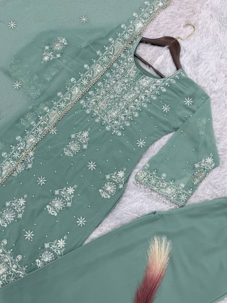 Pearlescent Bottle Green Fully Stitched Georgette Embroidery Kurti Plazzo Set With Dupatta at Reseller Rate Pakistani Suits Wholesale