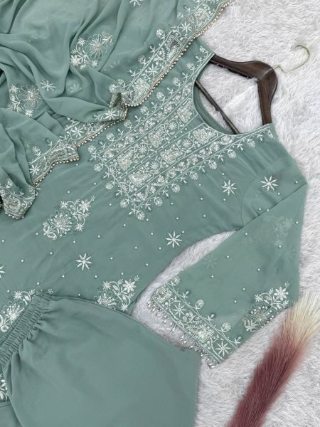 Pearlescent Bottle Green Fully Stitched Georgette Embroidery Kurti Plazzo Set With Dupatta at Reseller Rate Pakistani Suits Wholesale
