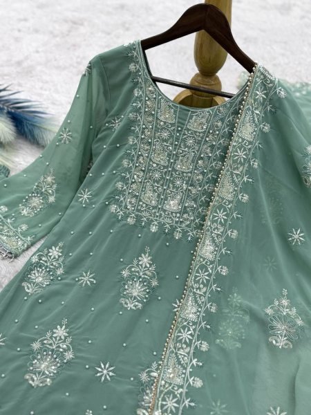 Pearlescent Bottle Green Fully Stitched Georgette Embroidery Kurti Plazzo Set With Dupatta at Reseller Rate Pakistani Suits Wholesale