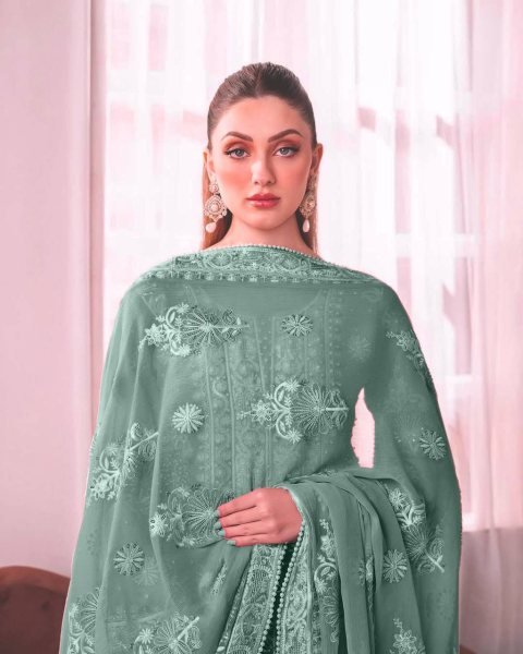 Pearlescent Bottle Green Fully Stitched Georgette Embroidery Kurti Plazzo Set With Dupatta at Reseller Rate Pakistani Suits Wholesale