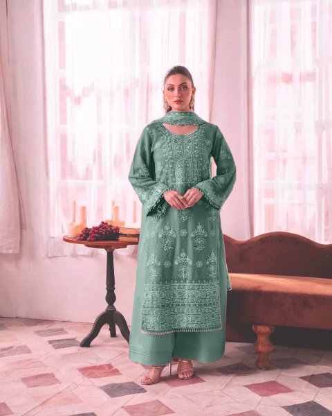 Pearlescent Bottle Green Fully Stitched Georgette Embroidery Kurti Plazzo Set With Dupatta at Reseller Rate Pakistani Suits Wholesale