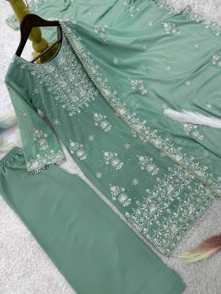 Pearlescent Bottle Green Fully Stitched Georgette Embroidery Kurti Plazzo Set With Dupatta at Reseller Rate Pakistani Suits Wholesale