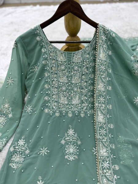 Pearlescent Bottle Green Fully Stitched Georgette Embroidery Kurti Plazzo Set With Dupatta at Reseller Rate Pakistani Suits Wholesale