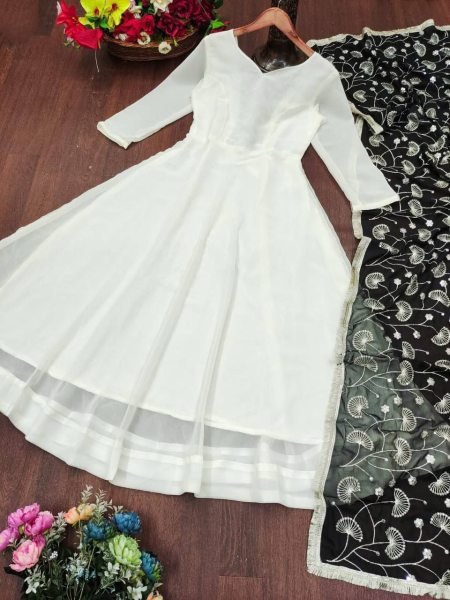 Pearlescent Georgette Embroidered Full Sleeve Gown with Matching Dupatta at Wholesale Rate  Georgette Kurti 