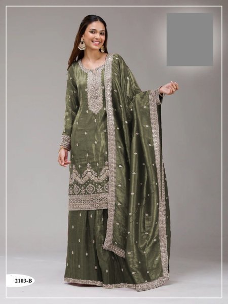 Pearlescent Green Fully Stitch Gold Crush Suit with Embroidery Work for Retail Buyers Salwar Kameez