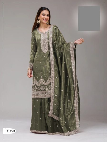 Pearlescent Green Fully Stitch Gold Crush Suit with Embroidery Work for Retail Buyers Designer Plazzo Salwar Suits Wholesale