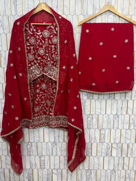 Pearlescent Red Ready to Wear Full Flair Stitched Plazo Suit Set with Festive Wear