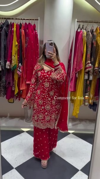 Pearlescent Red Ready to Wear Full Flair Stitched Plazo Suit Set with Festive Wear Ready To Wear Collection