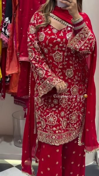 Pearlescent Red Ready to Wear Full Flair Stitched Plazo Suit Set with Festive Wear Ready To Wear Collection