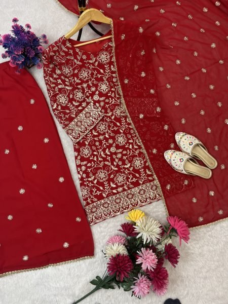 Pearlescent Red Ready to Wear Full Flair Stitched Plazo Suit Set with Festive Wear Ready To Wear Collection