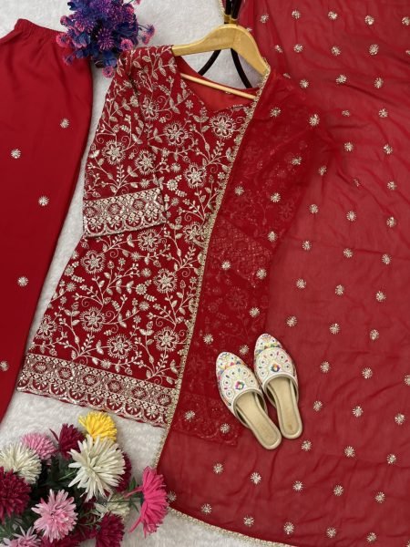 Pearlescent Red Ready to Wear Full Flair Stitched Plazo Suit Set with Festive Wear Ready To Wear Collection