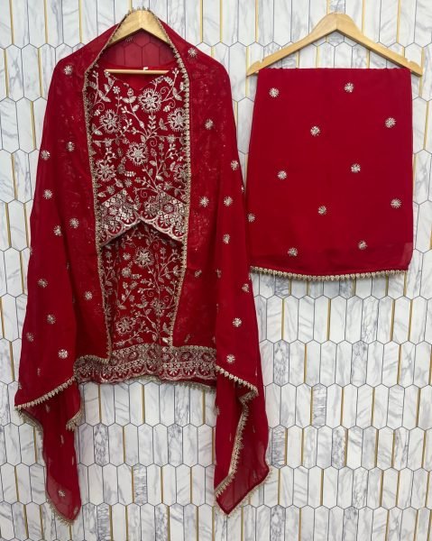 Pearlescent Red Ready to Wear Full Flair Stitched Plazo Suit Set with Festive Wear Ready To Wear Collection