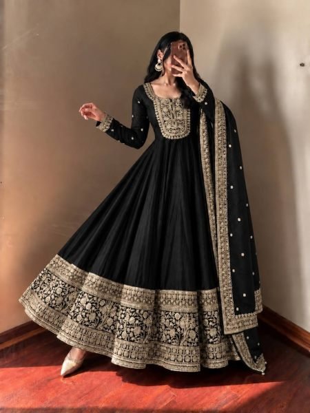 Perfect Black Designer Roman Silk Party Gown with Heavy Coding Sequin Work for Party Ready To Wear Suit