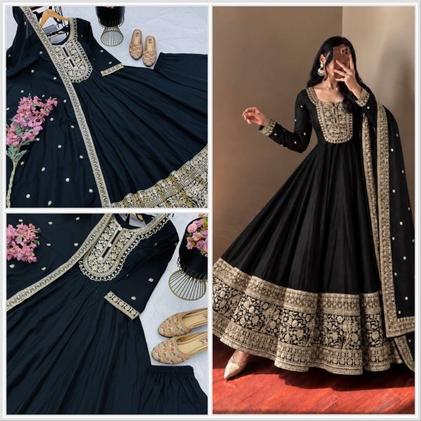 Perfect Black Designer Roman Silk Party Gown with Heavy Coding Sequin Work for Party Ready To Wear Collection
