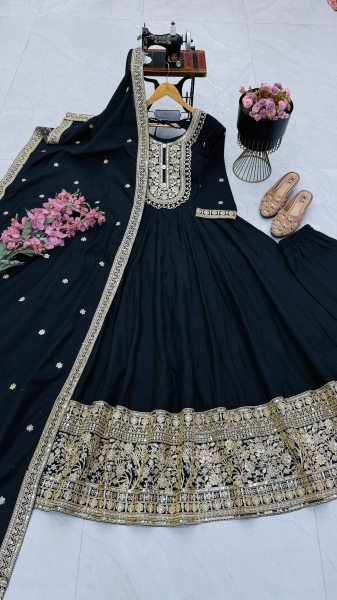 Perfect Black Designer Roman Silk Party Gown with Heavy Coding Sequin Work for Party Ready To Wear Collection