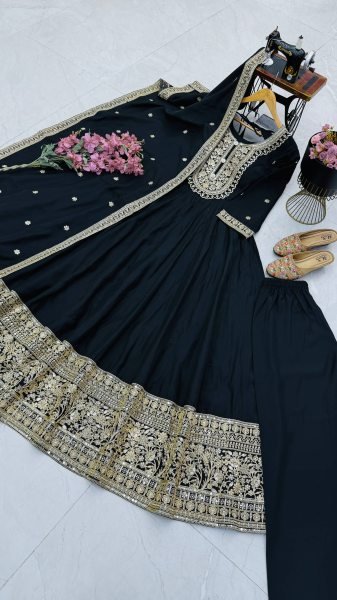 Perfect Black Designer Roman Silk Party Gown with Heavy Coding Sequin Work for Party Ready To Wear Collection