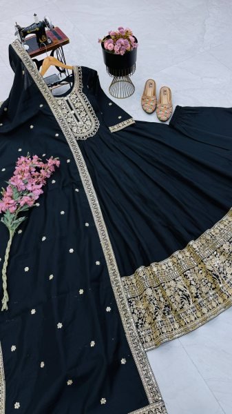 Perfect Black Designer Roman Silk Party Gown with Heavy Coding Sequin Work for Party Ready To Wear Collection