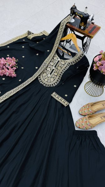 Perfect Black Designer Roman Silk Party Gown with Heavy Coding Sequin Work for Party Ready To Wear Collection