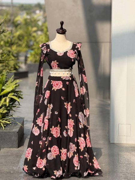 Perfect Black Kalamkari Lehenga with Printed Georgette Blouse for Festive We Designer Lehenga Choli