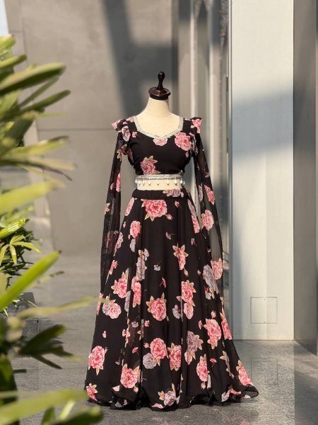 Perfect Black Kalamkari Lehenga with Printed Georgette Blouse for Festive We Designer Lehenga Choli