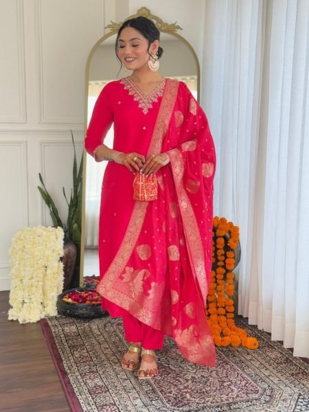 Perfect Blend of Style and Comfort Rani Pink 3-Piece Kurti Set With Dupatta For Women  3 Piece Kurti Set