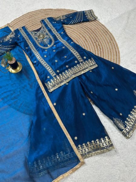 Gorgeous Blue Girls Ethnic Wear Top Palazzo Dupatta Set for Wedding Collection Girls Wear