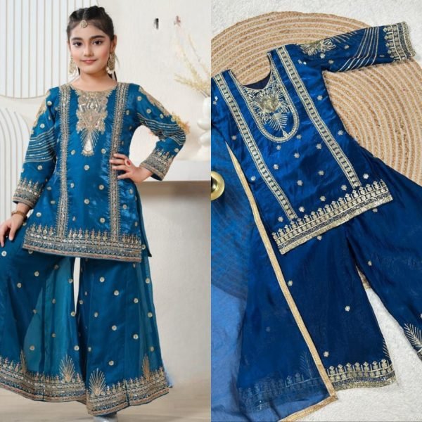 Gorgeous Blue Girls Ethnic Wear Top Palazzo Dupatta Set for Wedding Collection Girls Wear
