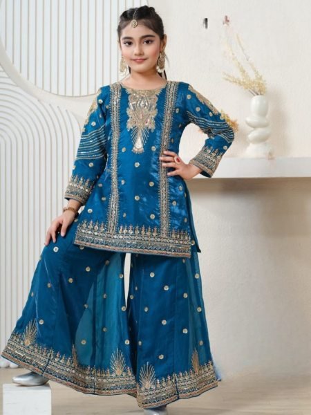 Gorgeous Blue Girls Ethnic Wear Top Palazzo Dupatta Set for Wedding Collection Girls Wear