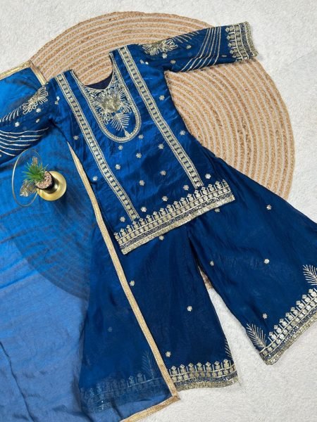 Gorgeous Blue Girls Ethnic Wear Top Palazzo Dupatta Set for Wedding Collection Girls Wear
