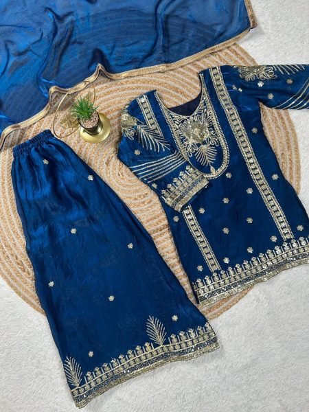 Gorgeous Blue Girls Ethnic Wear Top Palazzo Dupatta Set for Wedding Collection Girls Wear