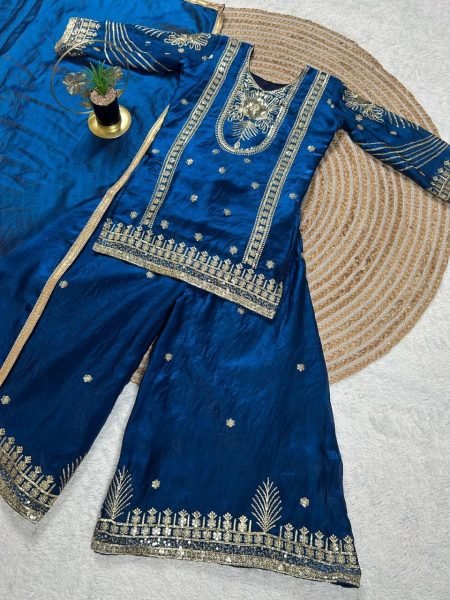 Gorgeous Blue Girls Ethnic Wear Top Palazzo Dupatta Set for Wedding Collection Girls Wear