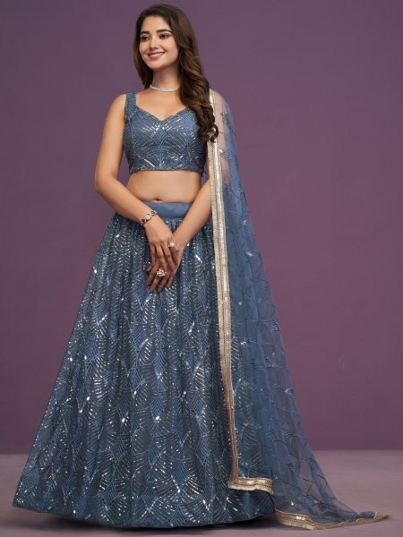 Perfect Blue Net Real Mirror Work Lehenga Choli with Zari Embroidery for Weddings 