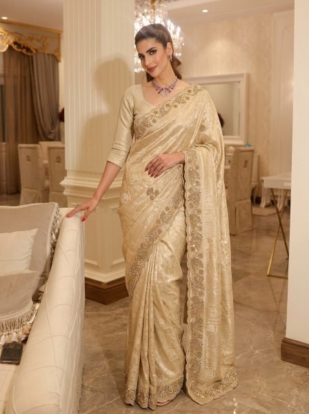 Perfect Cream Designer Kanjivarm Silk Saree with Sequin Embroidery Work For Wedidng Silk Sarees Wholesale