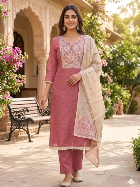 Perfect Dusty Rose Premium Jamdani Print Suit Set with Handwork and Soft Santoon Bottom 