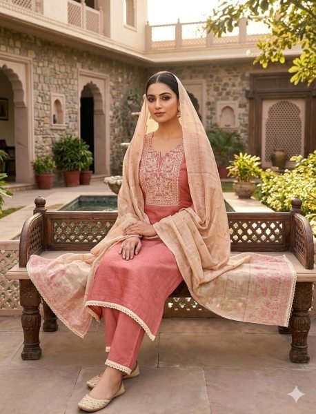 Perfect Dusty Rose Premium Jamdani Print Suit Set with Handwork and Soft Santoon Bottom Punjabi Dress Materials Wholesale