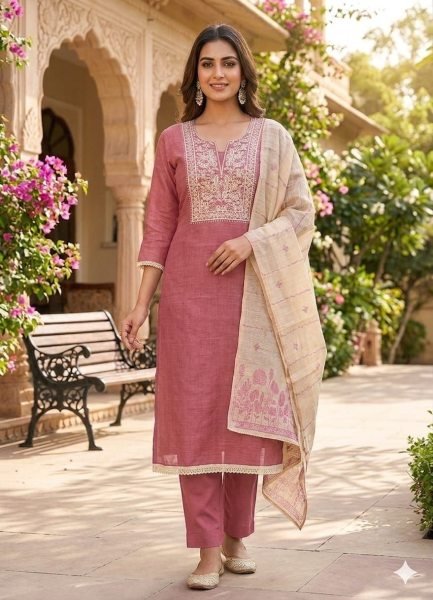 Perfect Dusty Rose Premium Jamdani Print Suit Set with Handwork and Soft Santoon Bottom Punjabi Dress Materials Wholesale