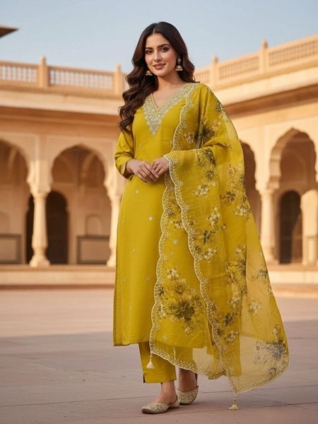 Perfect for Daily Wear Vichitra Silk Embroidered Kurti Pant Set with Cut Work Dupatta  Kurtis