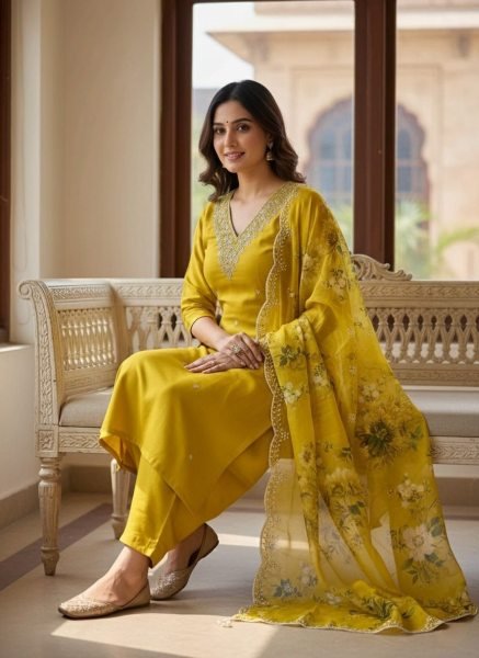 Perfect for Daily Wear Vichitra Silk Embroidered Kurti Pant Set with Cut Work Dupatta  Embroidery Kurtis 