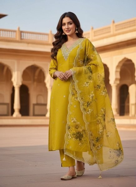 Perfect for Daily Wear Vichitra Silk Embroidered Kurti Pant Set with Cut Work Dupatta  Embroidery Kurtis 