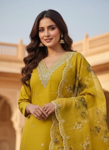 Perfect for Daily Wear Vichitra Silk Embroidered Kurti Pant Set with Cut Work Dupatta  Embroidery Kurtis 