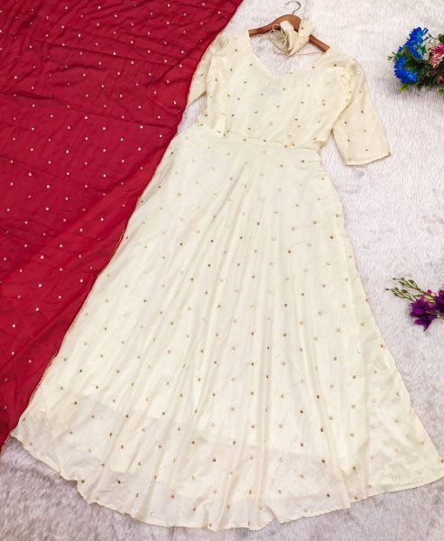 Perfect For Festive Occasions Chinnon Embroidered Anarkali Gown with Maroon Dupatta Best Wholesale Prices  Anarkali Kurtis 