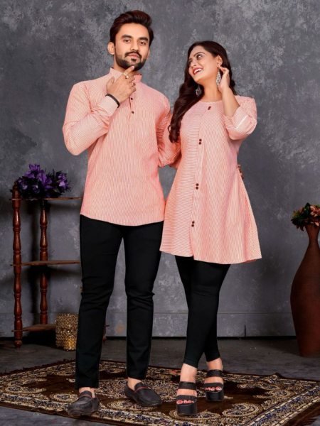 Perfect for Office & Festive Days Premium Peach Linen Cotton Couple Set Mens Wear