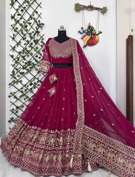 Perfect for Wedding Celebrations Rani Pink Georgette Lehenga with Zari Work Designer Lehenga Choli