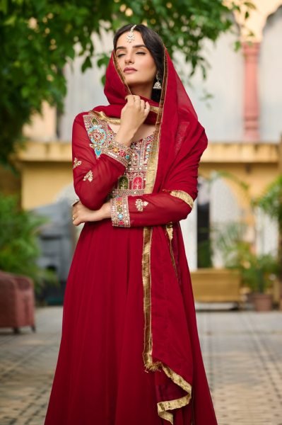 Perfect for Weddings Maroon Embroidered Anarkali Gown with Zari Touch Anarkali Kurtis 